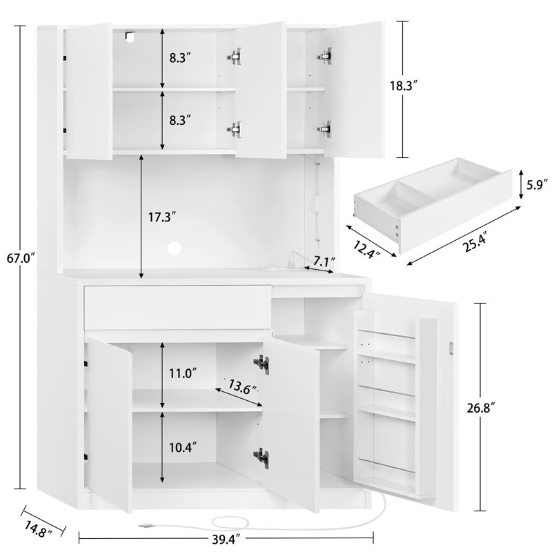 Armoire de rangement pour garde-manger de 67 po de hauteur, bahut autoportant pour bar à café avec lumière à DEL RVB et station de charge, armoire buffet avec tablettes réglables et prises de courant, blanc 
