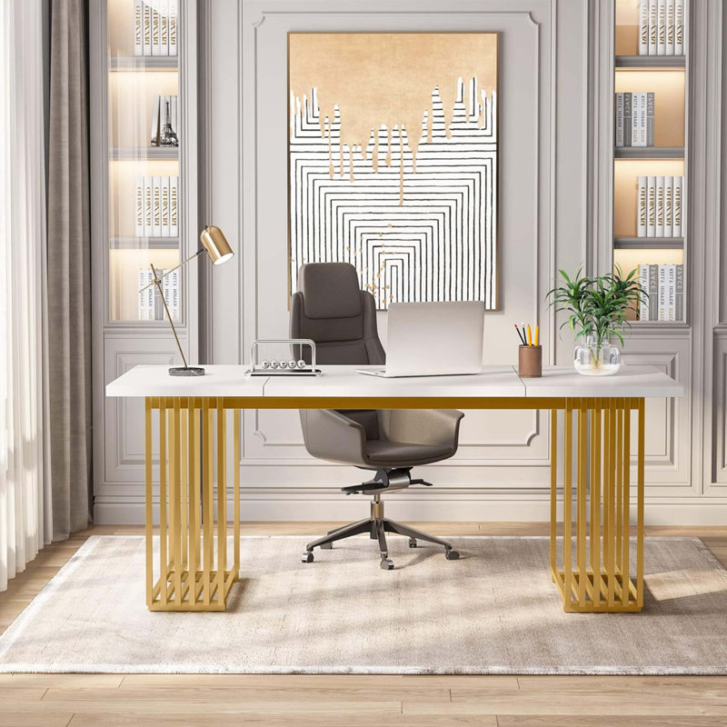Bureau de direction moderne 70,9 po, grand bureau d'ordinateur blanc avec pieds en métal doré