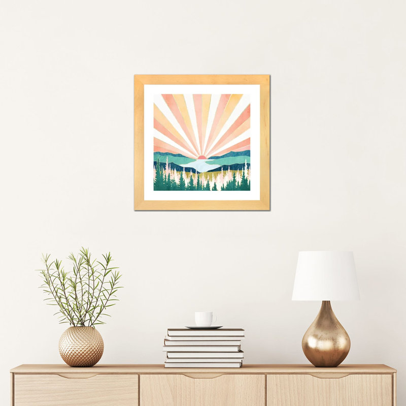 Coucher de soleil d'été - impression, H 16 po x l 16 po x p 1 po, Blanc, Toile avec cadre en bois beige