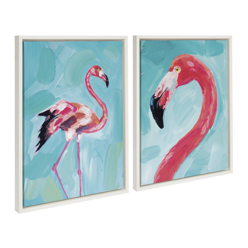Ciauna Flamingo Study and Feathery Friend by Rachel Christopoulos - 2 Piece Floater Frame Print Set on Canvas