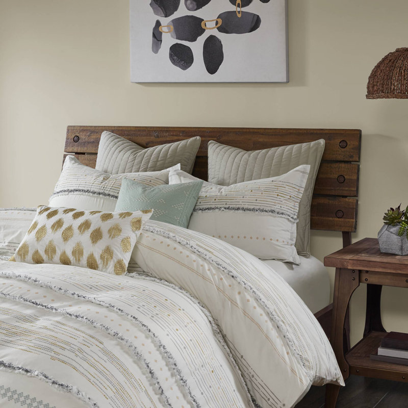 Ensemble de housse de couette pour lit double / grand lit 3 pièces Nea Boho, Blanc cassé/gris