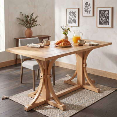 Dining Table with Sturdy Rubberwood Trestle Base, Curved Legs and Adjustable Leveling Feet