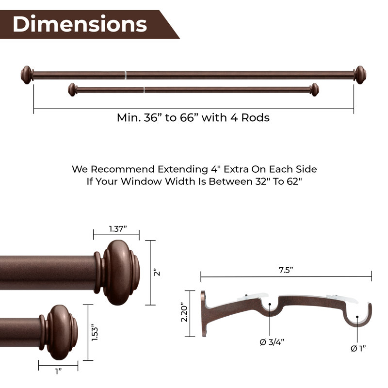 Yampa Adjustable Double Curtain Rod, 36" - 66"