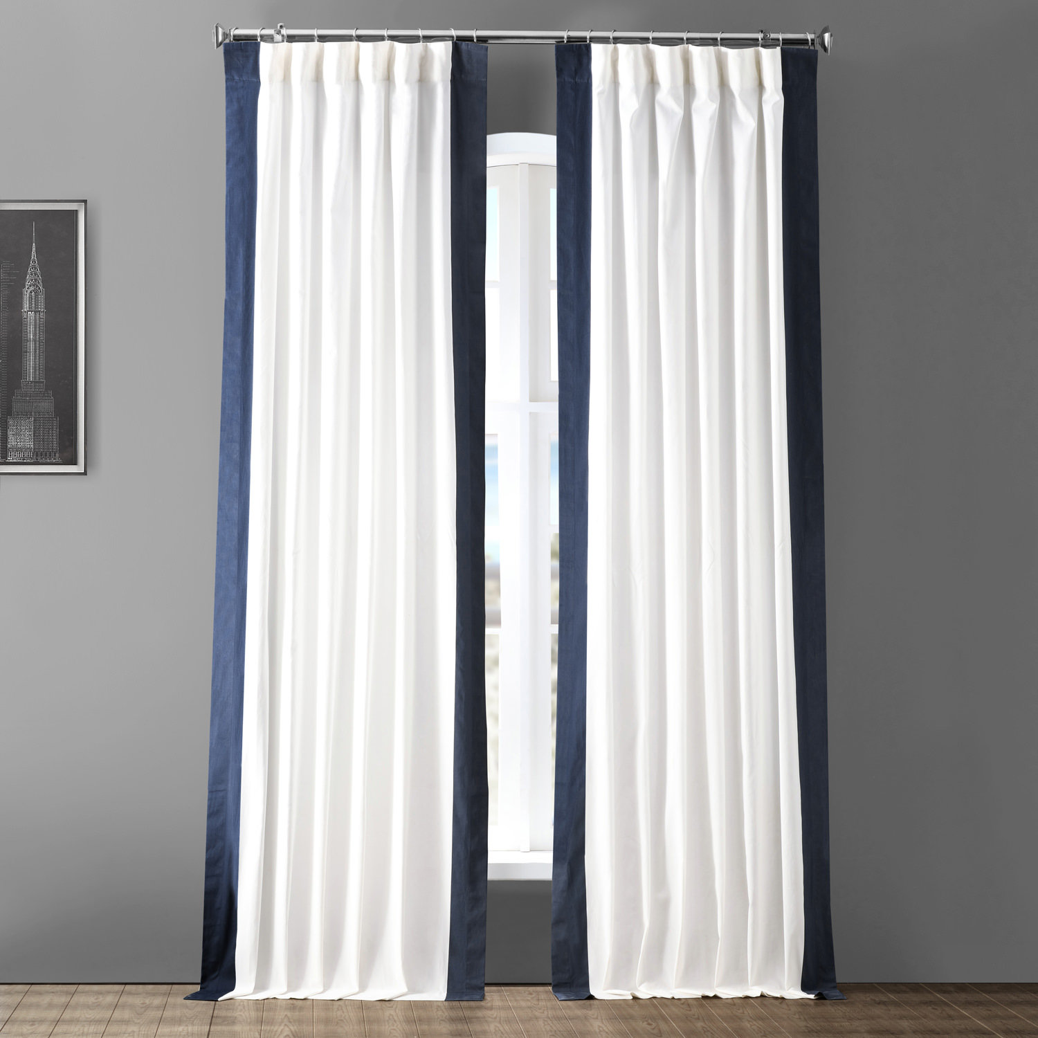 Limone Printed Cotton Curtain Panel, Warm Off-White/Dark Navy, 50" x 84"