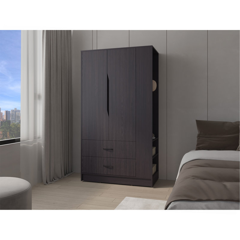 Garde-robe, 3 portes, 1 tiroir, tablettes latérales, barres à vêtements, design contemporain