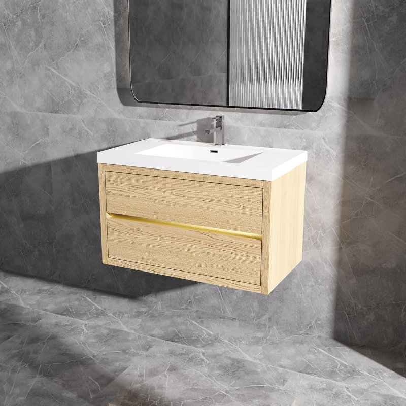 Meuble-lavabo mural flottant en chêne naturel avec surface de lavabo simple en blanc, 36", Brun