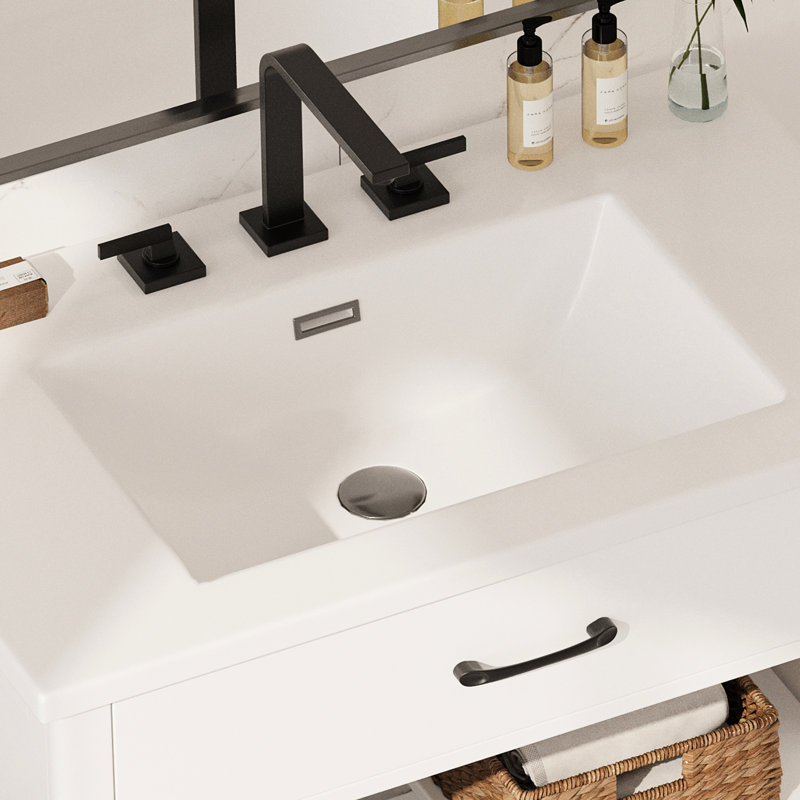 Meuble-lavabo de 79 cm (31 po) avec verre trempé, fermeture amortie et étagères réglables pour une personnalisation. Meuble moderne de 79 cm (31 po) avec lavabo intégré et charnières à rayures verticales.
