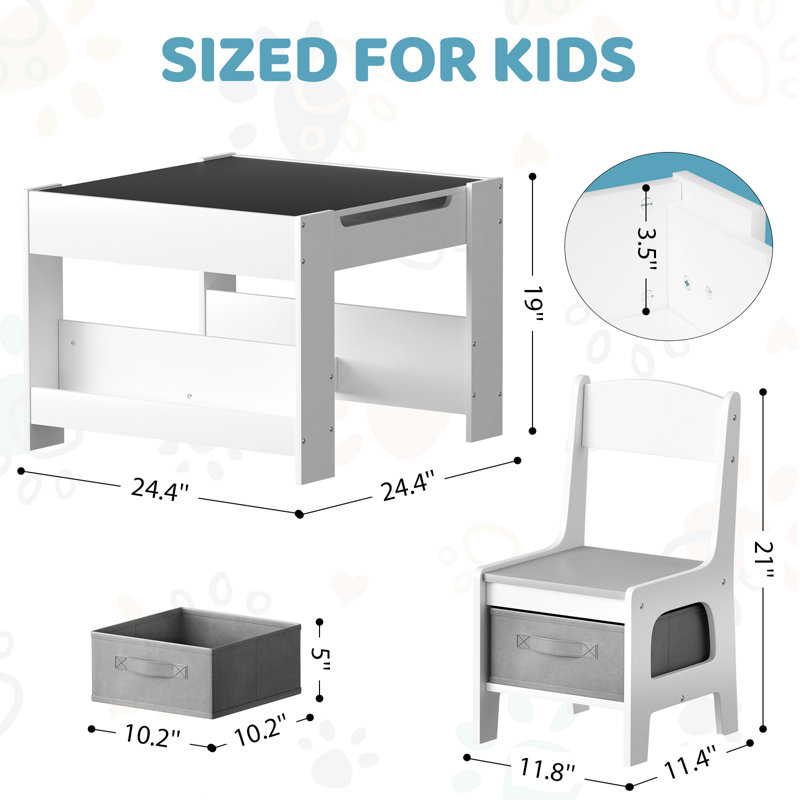 Kids Table And Chairs Set, 4 In 1 Toddler Art Desk With Storage Drawer, Wooden Activity Deskboard, Blackboard, Reversible & Detachable Tabletop, Bookshelf For Drawing, Playing, Learning(gray)