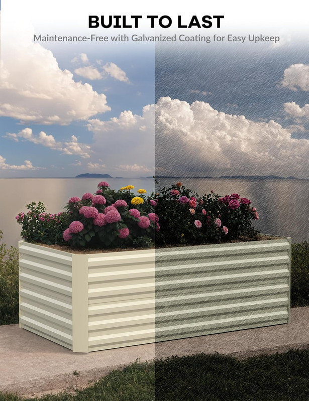 Lit de jardin surélevé en métal galvanisé 6/8 pi, grand bac à fleurs de 24 po pour légumes et herbes, Beige