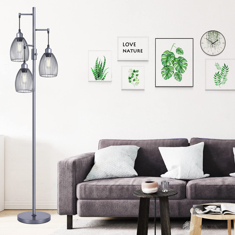 Élégante lampe sur pied rétro industrielle avec abat-jour cage, Argent