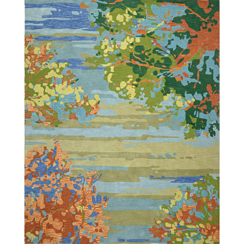 Landscape Floral Handmade Tufted Wool Teal/Yellow/Blue Area Rug, Rectangle 8' x 10'
