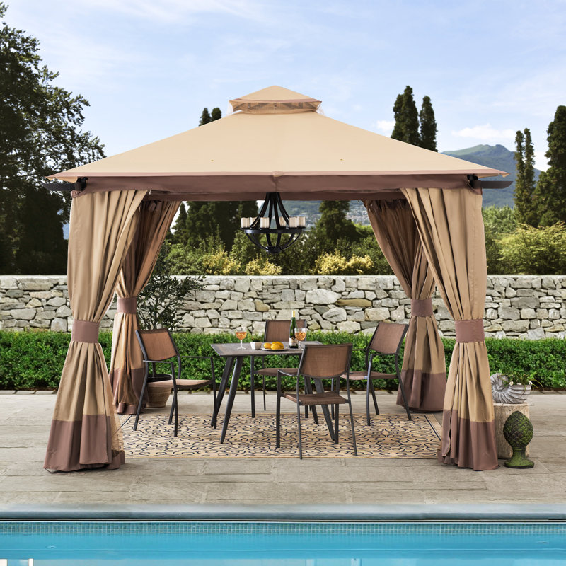 12 Ft. W x 12 Ft. D Aluminum Patio Gazebo, Beige/Dark Brown