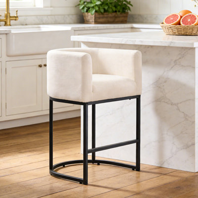 26” Counter Height Bar Stools Set of 1, Modern Barrel Barstools with Backrest and Arms, Linen Fabric Upholstery, Black Metal Frame for Kitchen Island, Linen