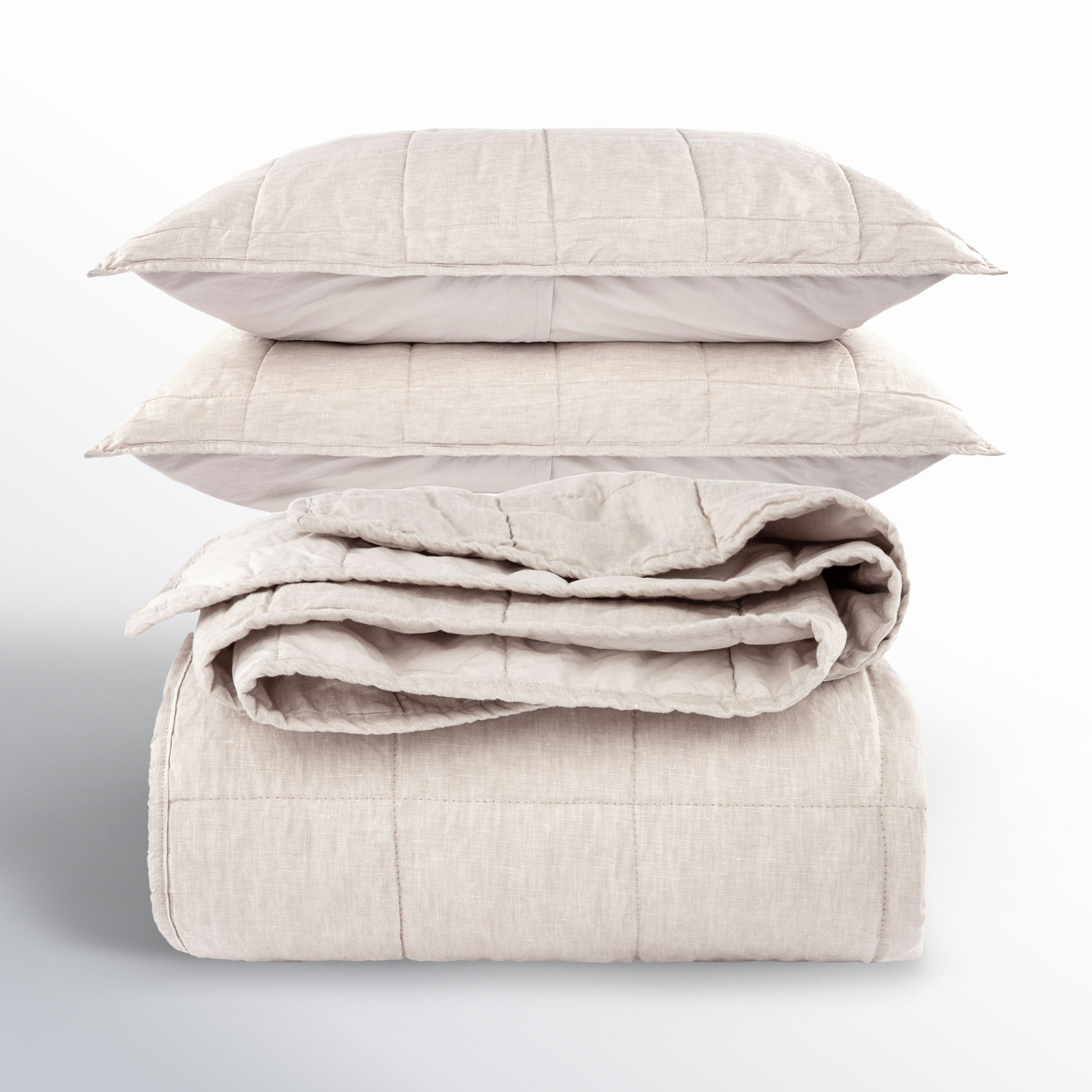 French Linen Quilt Set, Queen Quilt + 2 Standard Pillow Shams, Putty Heather