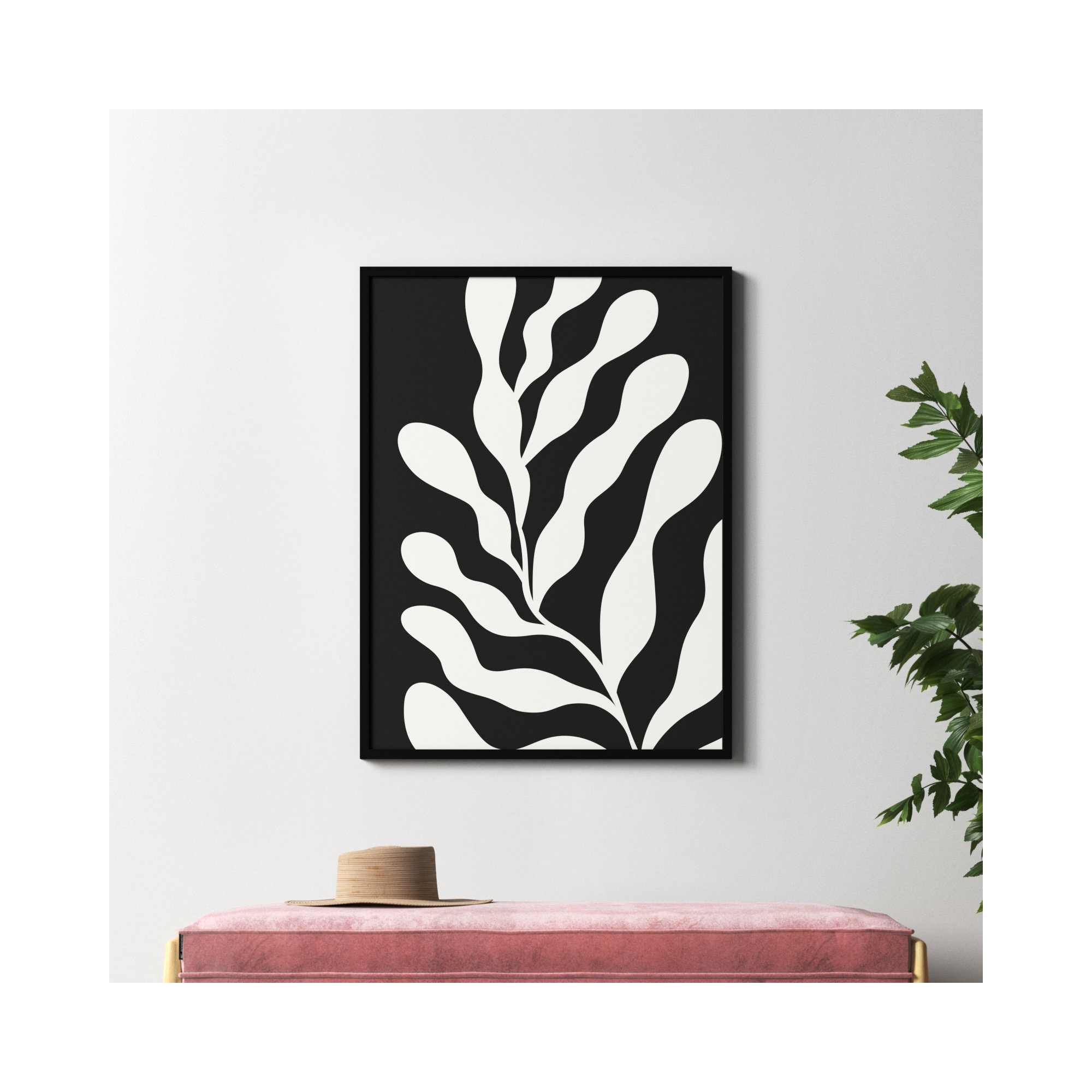 Retro Matisse Inspired Abstract Botanical 3 Black, 13" H x 10" W x 1" D, Black
