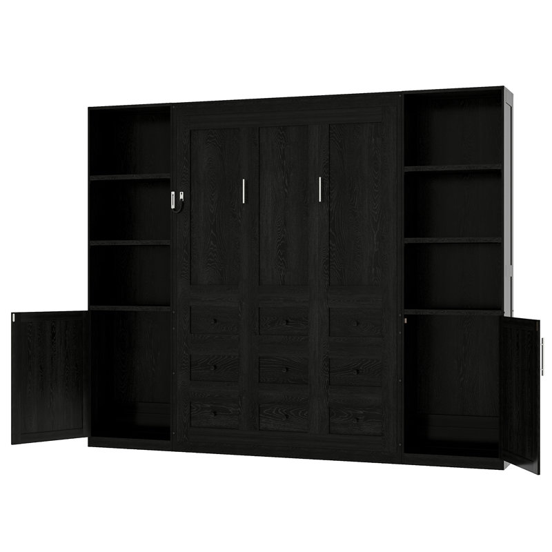 Lit escamotable en bois avec tablettes et armoires de rangement, Noir