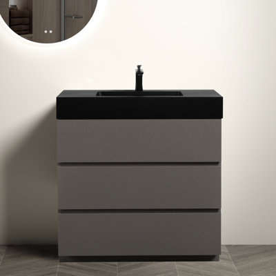 Meuble-lavabo gris de 91 cm (36 po) par - -vue, compartiment de rangement spacieux, style moderne et silencieux, espace de rangement généreux, espace de travail