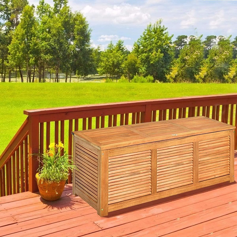 Large Acacia Wood Outdoor Storage Bench – Brown Deck Box For Patio Furniture, Cushions, And Garden Tools, Brown
