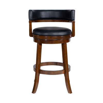 Bely Swivel Barstool Chair, Black Faux Leather, Cappuccino Brown Wood