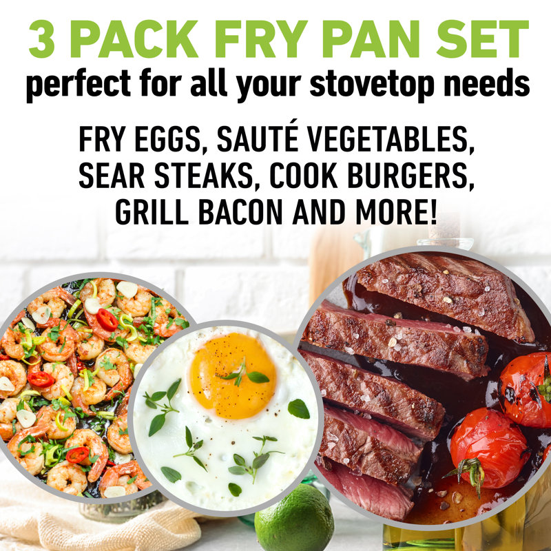 Granitestone Blue 3 Pack Nonstick Fry Pan Set with Rubber Grib Handle - 8'' 10'' and 12''
