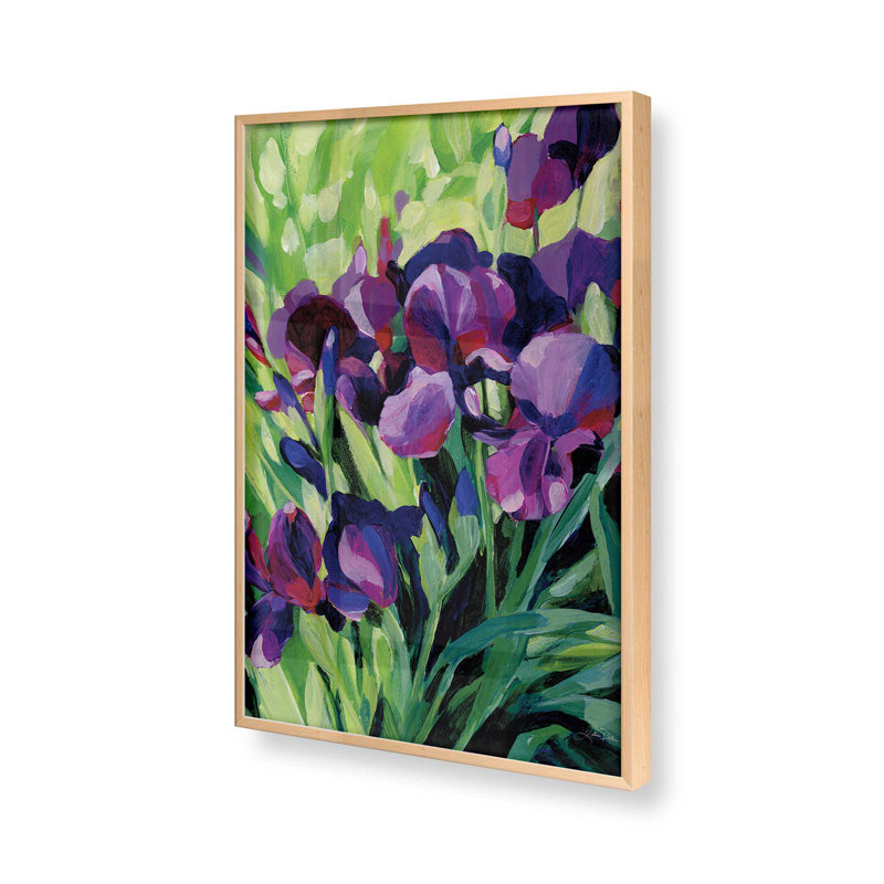 Impression audacieuse de fleurs d'iris, H 15 po x l 12 po x P 1,25 po, Érable brut encadré
