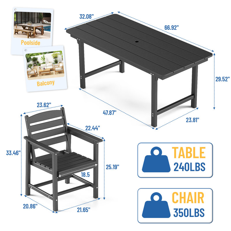 Ensemble 7 pièces de table de salle à manger de patio, ensemble de mobilier de salle à manger extérieur en PEHD 2 chaises