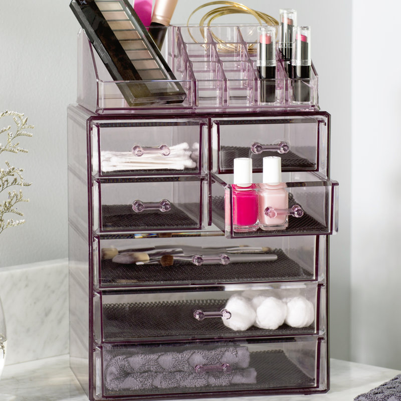 Purple Clear Acrylic Makeup Organizer with Drawers and Top Shelf