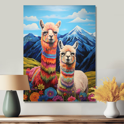Alpacas au Chili, paysage de fleurs de montagne - lama, reproduction d'art murale