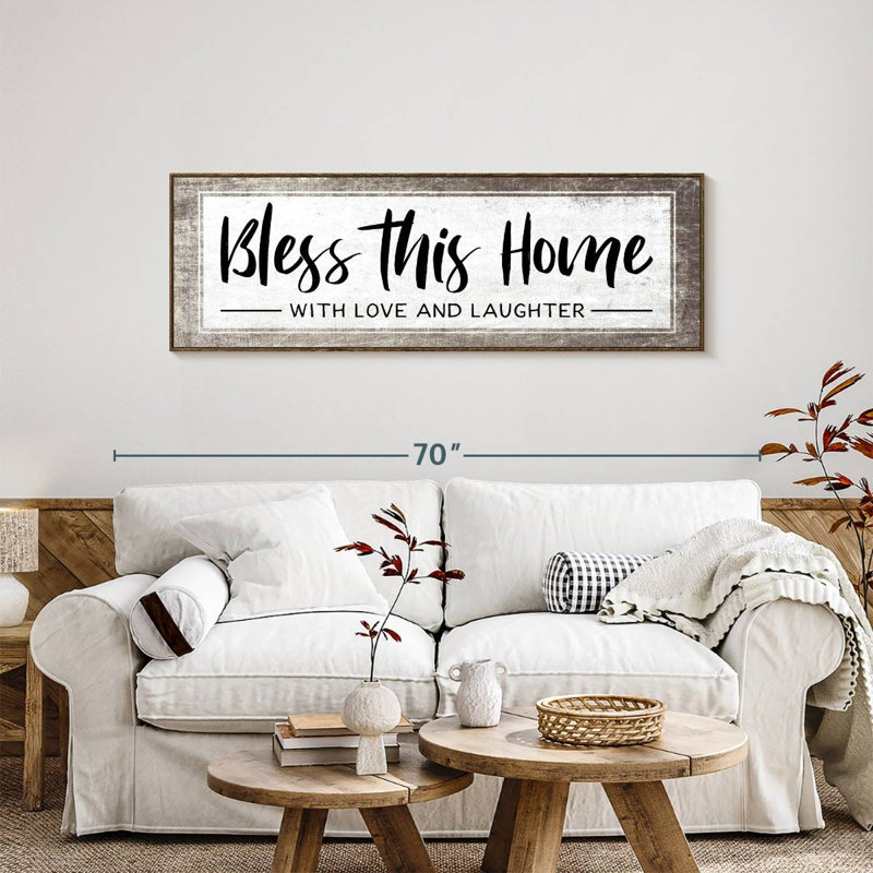 Plaque murale «Bless This Home», 57 po x 19 po, Cadre flottant noyer