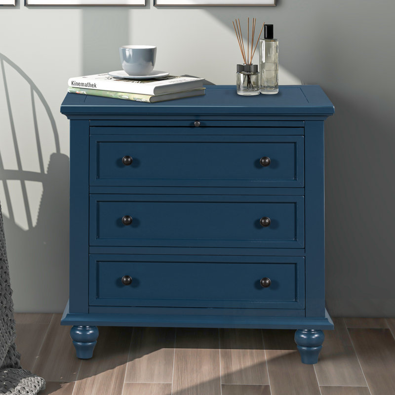 Table de chevet avec 3 tiroirs et pieds robustes, Bleu