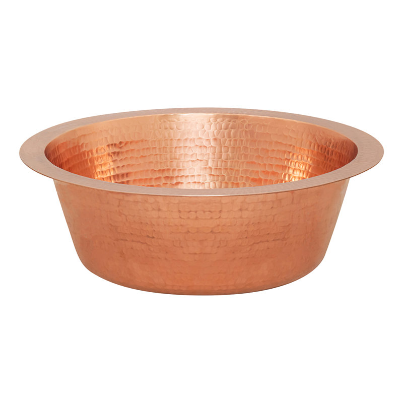 14" Round Hammered Copper Bar Sink with 2" Drain Opening in Polished Copper