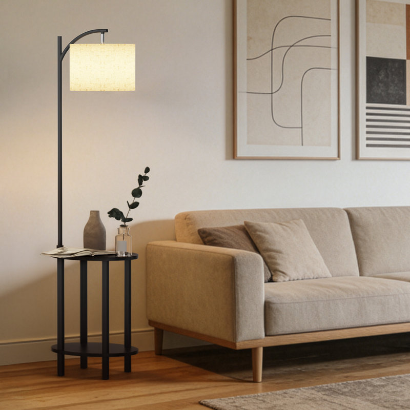 2-Tier Solid Wood Tray Table Floor Lamp With Bulb Included