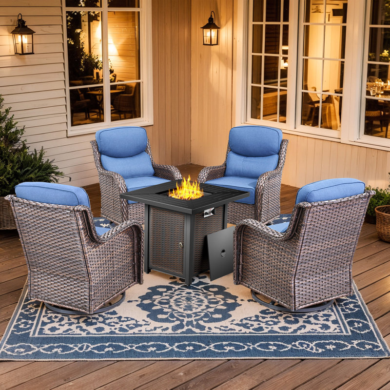 Wickes All-Weather Outdoor Wicker 4-Person Seating Group With Square Metal Fire Pit Table,Swivel Gliders With 6" Thick Cushions