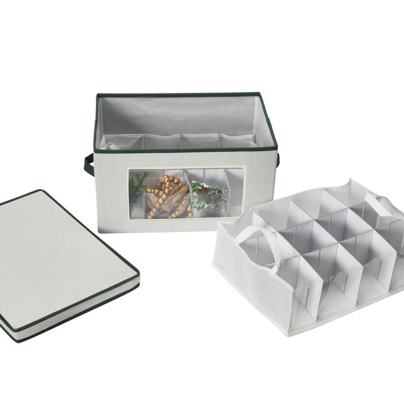 Green Polyester Ornament Chest with Cream Detail and Cardboard Inserts, 10" H x 18.62" W x 13.5" D