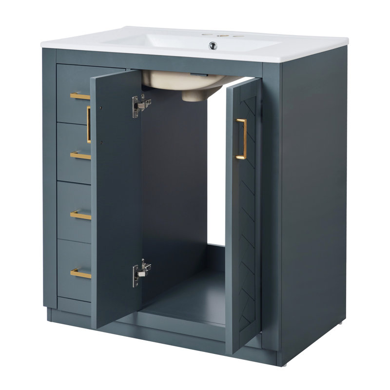 Bathroom Vanity With Ceramic Sink, Wood Frame Bathroom Storage Cabinet With Drawers And Soft Closing Doors, Blue