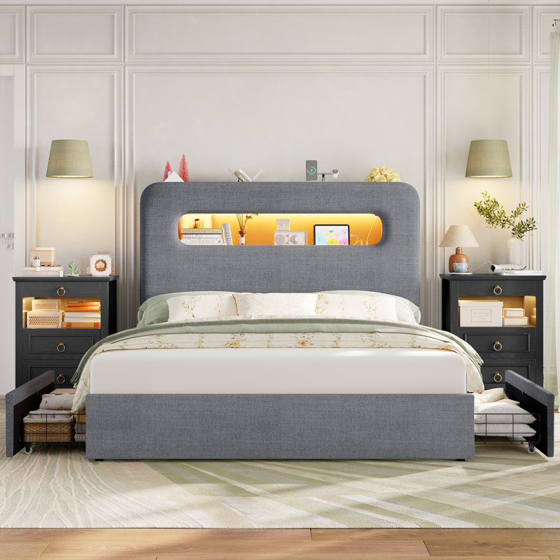 Ensemble de chambre à coucher lumineuse 3 pièces - Lit de rangement à DEL et commodes à DEL avec station de charge, Grand lit