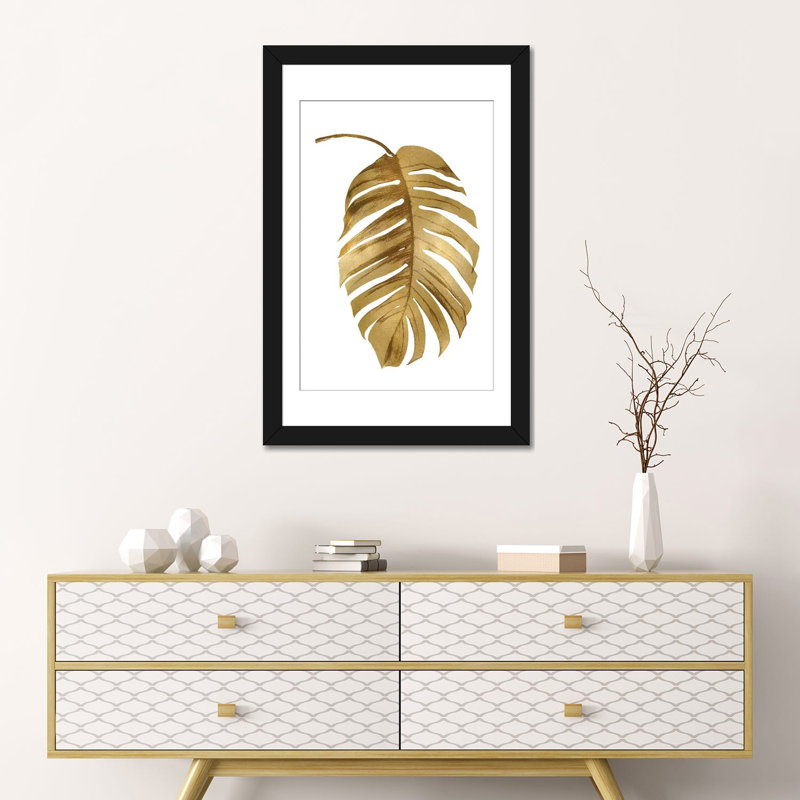 «Palm II», reproduction d'impression sur toile en or, H 26 po x l 18 po x P 1,5 po, Toile avec cadre noir, Blanc