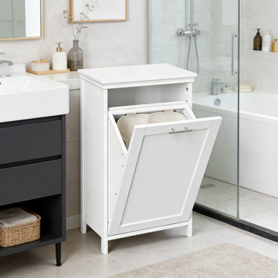 Armoire à panier à linge inclinable avec doublure lavable amovible, fabrication robuste en panneau de fibres à densité moyenne, tablette de rangement supérieure et conception murale pour le rangement organisé de la salle de lavage