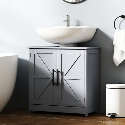 Meuble sous-vasque sur pied, gris foncé, à deux niveaux, tablette réglable sur trois niveaux, esthétique, salle de bain grise, 2 portes coulissantes de style grange, fente en U, style Vibe, fermeture magnétique