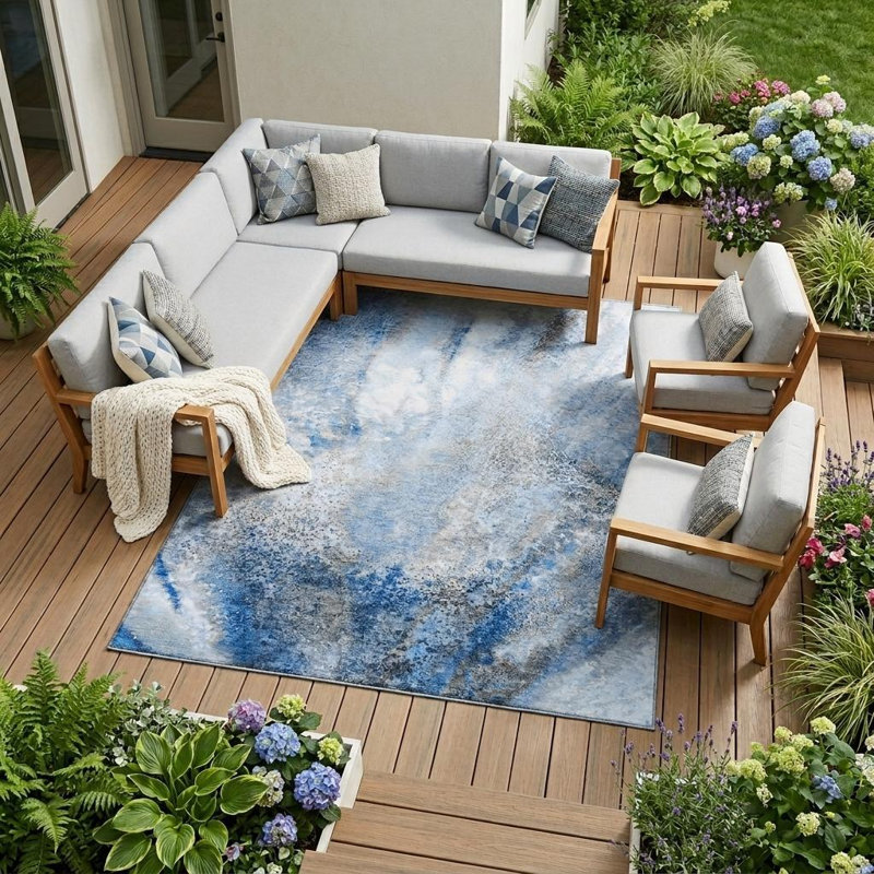 Tapis intérieur lavable antidérapant abstrait ivoire 9 pi x 12 pi bleu et gris