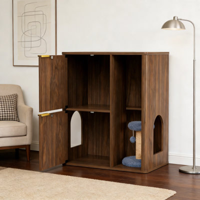 Litière moderne pour chat avec bac à litière intégré ， 31,5 po, double porte pour chat et tablettes de rangement