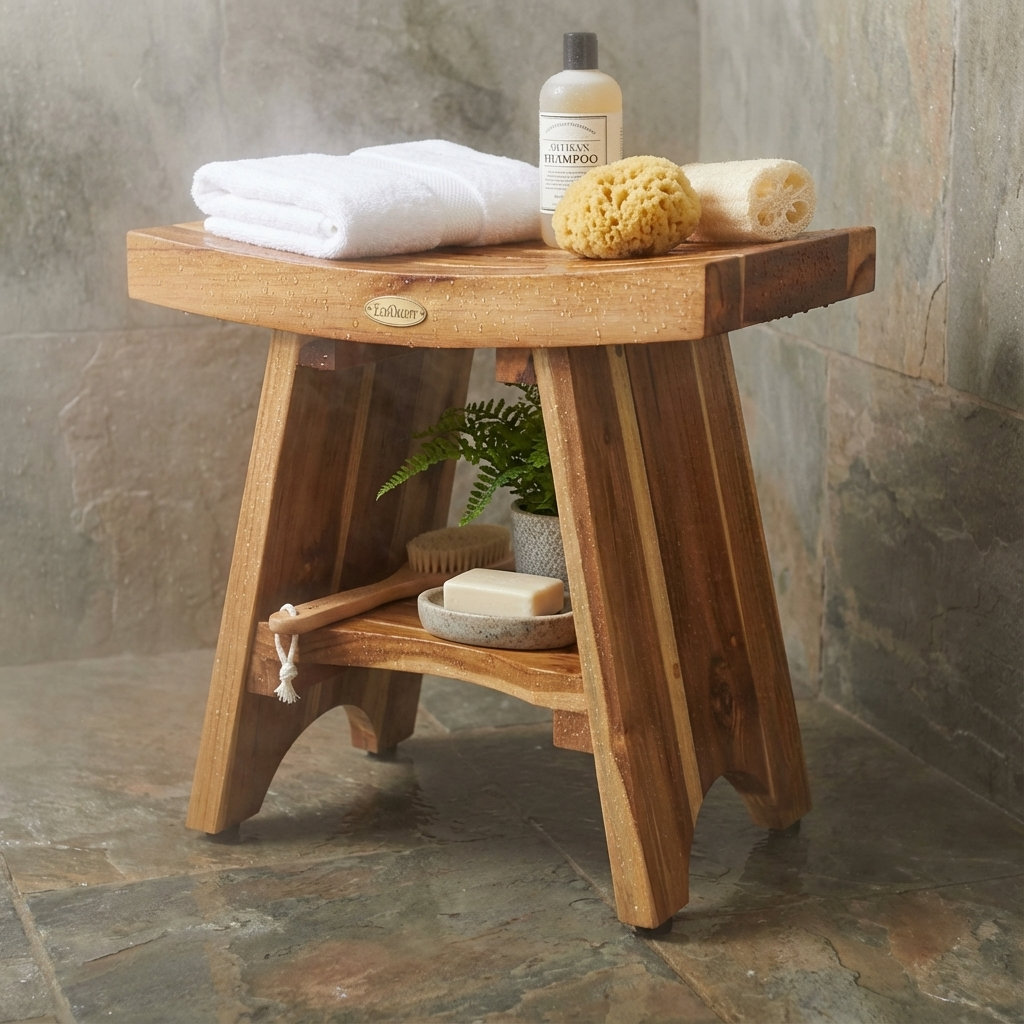 EcoDecors - Serenity, 18 Inch Wide - Teak Shower Bench - Bathroom Stool Seat - in Earthy Teak EcoDecors