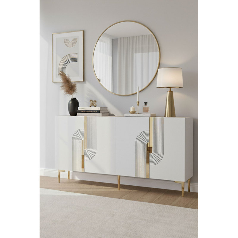 Console moderne blanche et dorée de 59,1 po x 29,5 po x 12,6 po | 100% panneau de particules enduit de mélamine, épaisseur: 0,7 pouce | Comprend plusieurs tablettes, un design mural et un style géométrique élégant | Parfait pour le salon, le vestibule ou le bureau