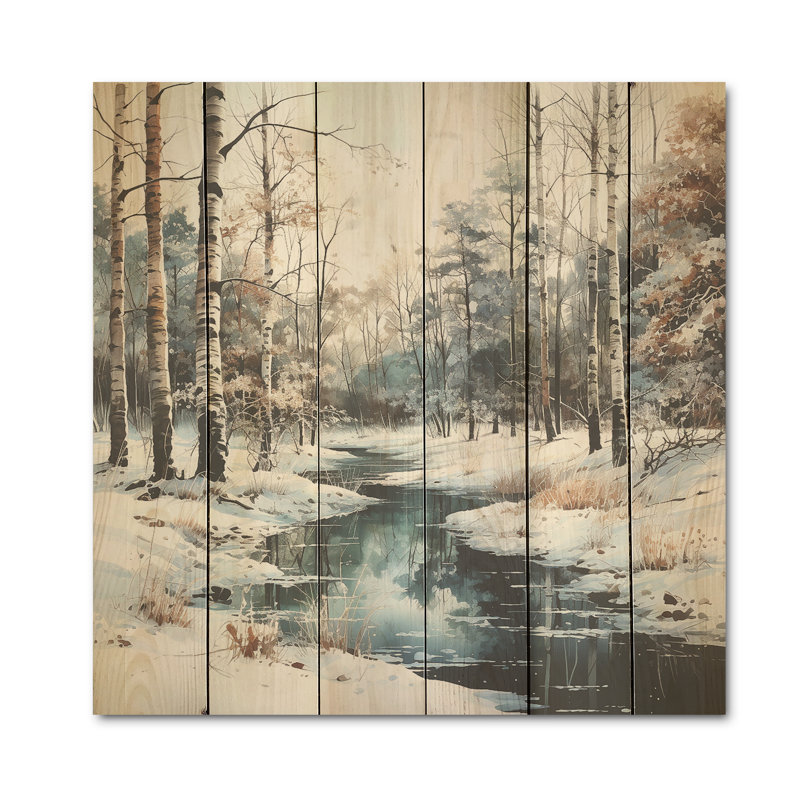Rivière en forêt, paysage d'hiver - forêt, art mural sur bois de pin naturel, H 25 po x l 25 po
