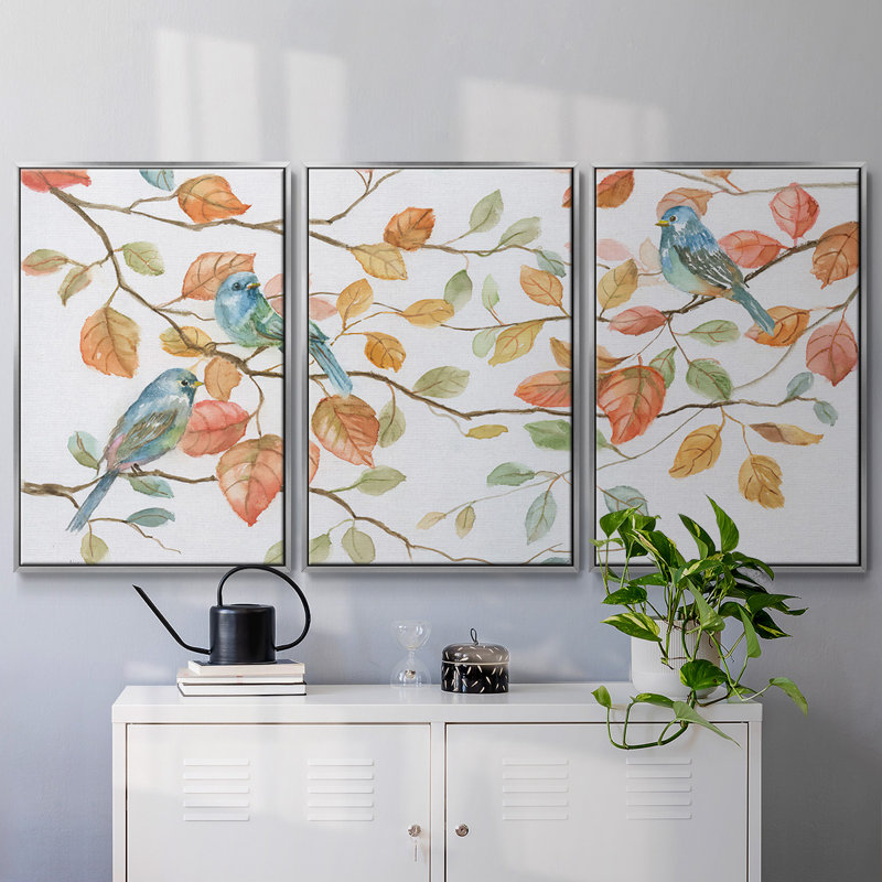 «Bird Trio», peinture sur toile 3 pièces, H 24 po x l 48 po, Encadrement argenté