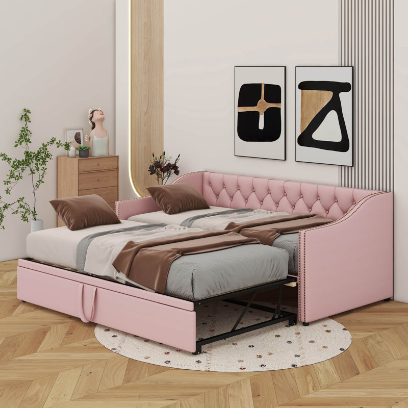 Lit de jour simple tapissier avec couchette escamotable, Rose
