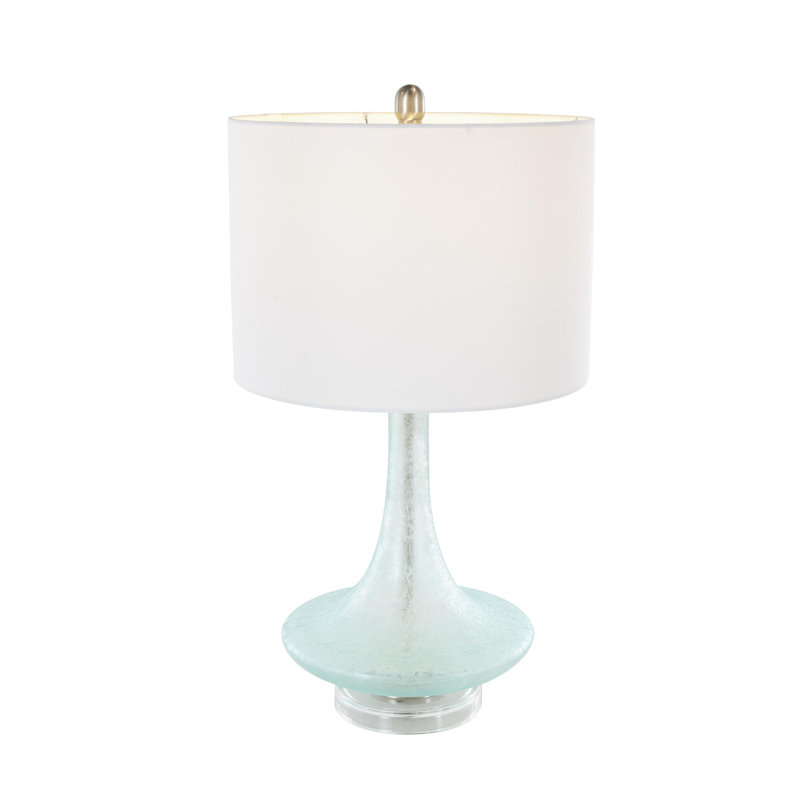Cole And Grey Glass Textured Frosted Round Room Table Lamp With White Drum Shade And Silver Base