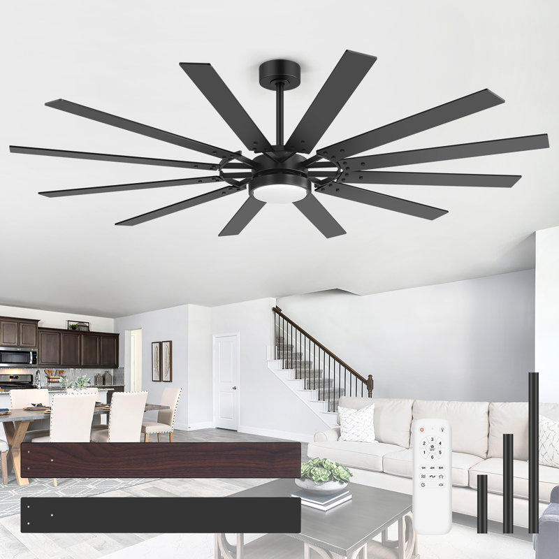 72"/80" Large Industrial Ceiling Fan With Light, 12 Reversible Blades, Quiet Reversible DC Motor & Remote, Downrod Mount