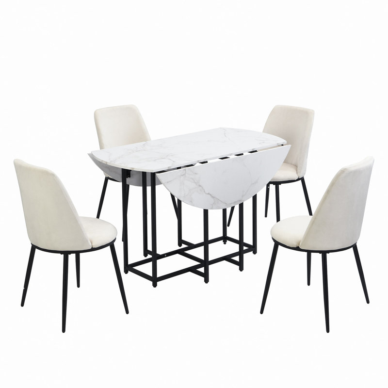 Ensemble de table de salle à manger extensible 5 pièces pour petits espaces - plateau rond en faux marbre avec structure noire, 4 chaises rembourrées, conception pliable compacte