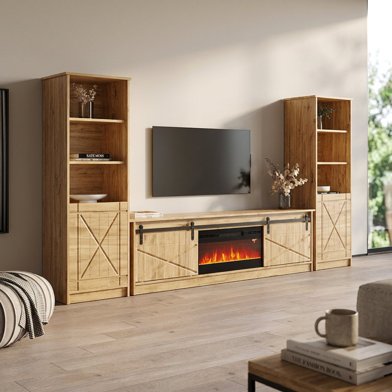 Fiorenze 120.5" Modern Entertainment Center with Electric Fireplace, High Gloss Finish, Media Storage, Oak/Black